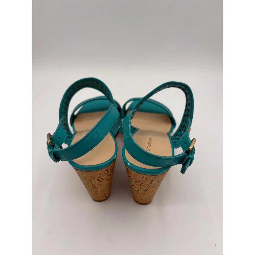 Liz Claiborne Teal Laser Cut Cork Wedge Sandals Womens 7.5M Blue 106-6263